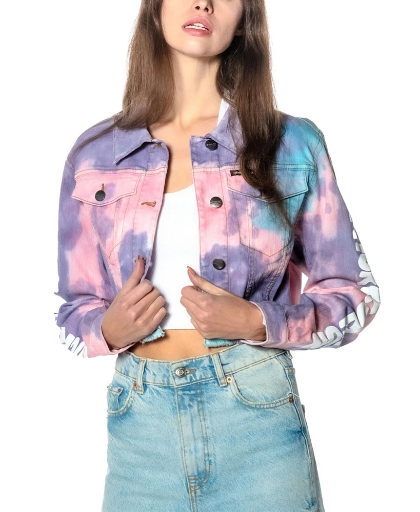 Members Only Women's Rugrats Tie-Dye Frayed Crop Denim Jacket