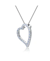 Sterling Silver with Round Cubic Zirconia Thick Open Heart Frame Necklace