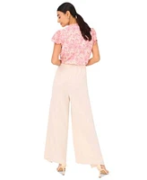 Cece Womens Ruffled Keyhole Neck Flutter Sleeve Blouse Overlap Tie Front Wide Leg Soft Pants