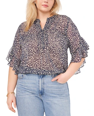 Vince Camuto Plus Size Printed Pintuck Flutter 3/4-Sleeve Henley Blouse