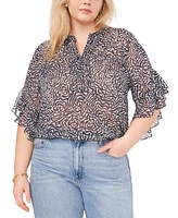 Vince Camuto Plus Printed Pintuck Flutter 3/4-Sleeve Henley Blouse