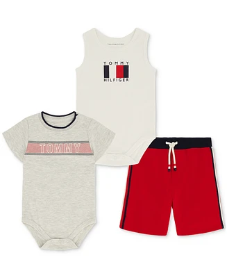 Tommy Hilfiger Baby Boys Logo Tank Bodysuit, T-Shirt & Side-Stripe Shorts, 3 Piece Set