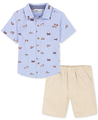 Kids Headquarters Baby Boys Cotton Short-Sleeve Printed Oxford Shirt & Twill Shorts, 2 Piece Set