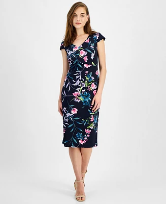 Connected Women's Printed V-Neck Scuba Crepe Sheath Dress