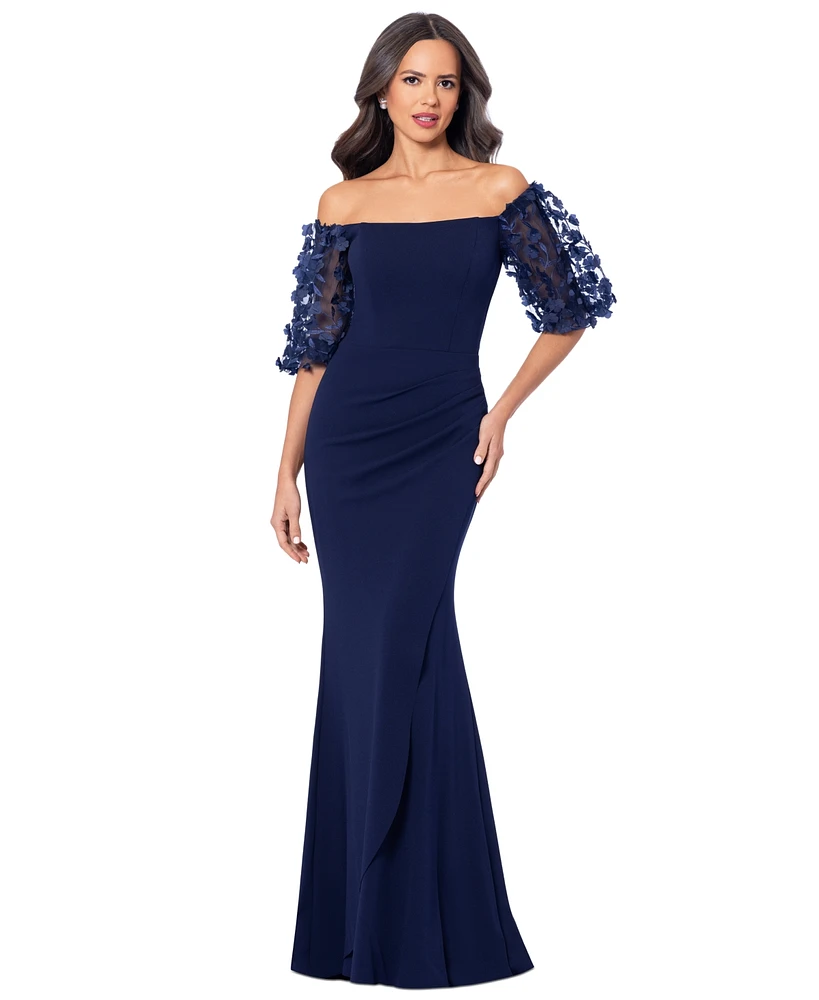 Xscape Off-The-Shoulder Floral-Sleeve Gown