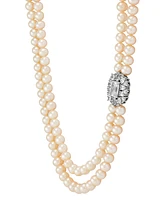 Arabella Freshwater Pearl (5-6mm) & Cubic Zirconia Double Strand 17" Collar Necklace in Sterling Silver