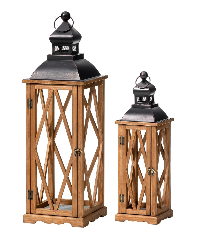 Glitzhome Set of 2 Farmhouse Diamond Wood/ Metal Antique Lanterns, 9"L X 9"W X 28.75"H