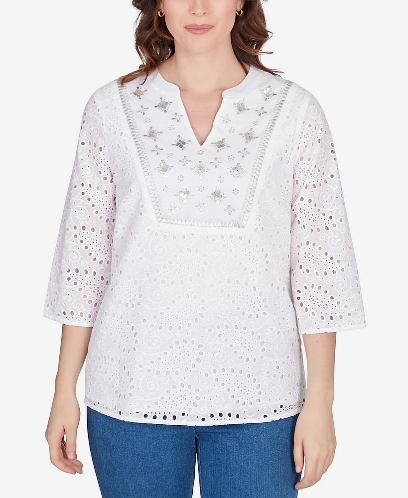 Ruby Rd. Petite Embellished Paisley Eyelet Top