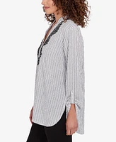 Ruby Rd. Petite Split Neck Embroidered Puckered Stripe Top