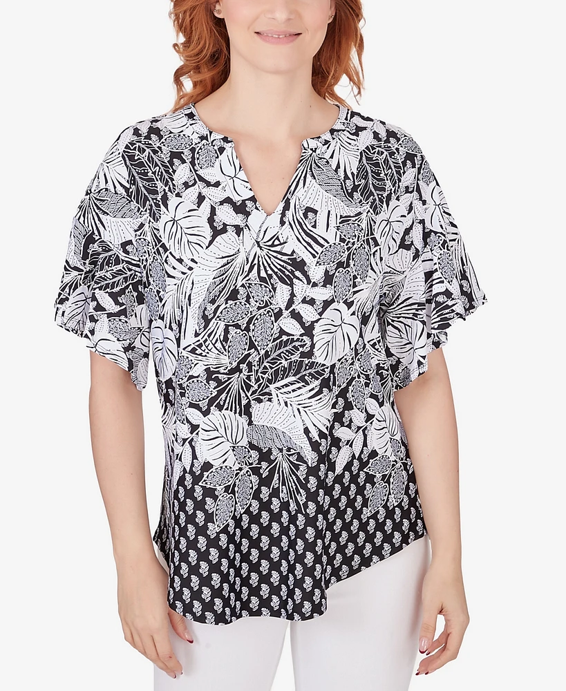 Ruby Rd. Petite Split Neck Tropical Foulard Puff Print Top