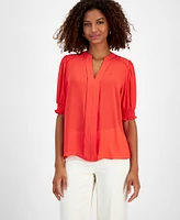 T Tahari Women's Split-Neck Smocked-Sleeve Top