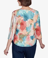 Alfred Dunner Sedona Sky Women's Spliced Floral Brushstroke Stripes Top