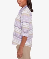 Alfred Dunner Charm School Women's Horizontal Stripe Button Down Top