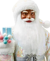 Holiday Lane Sugar Plum 18" Standing African American Santa in Blue & Pink Holding Stocking & Bear