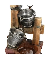 Sunnydaze Decor Rustic Pouring Buckets Water Fountain and Solar Lantern - 34 in