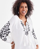 Style & Co Women's Split-Neck Long-Sleeve Embroidery Peasant Blouse, Created for Macy's