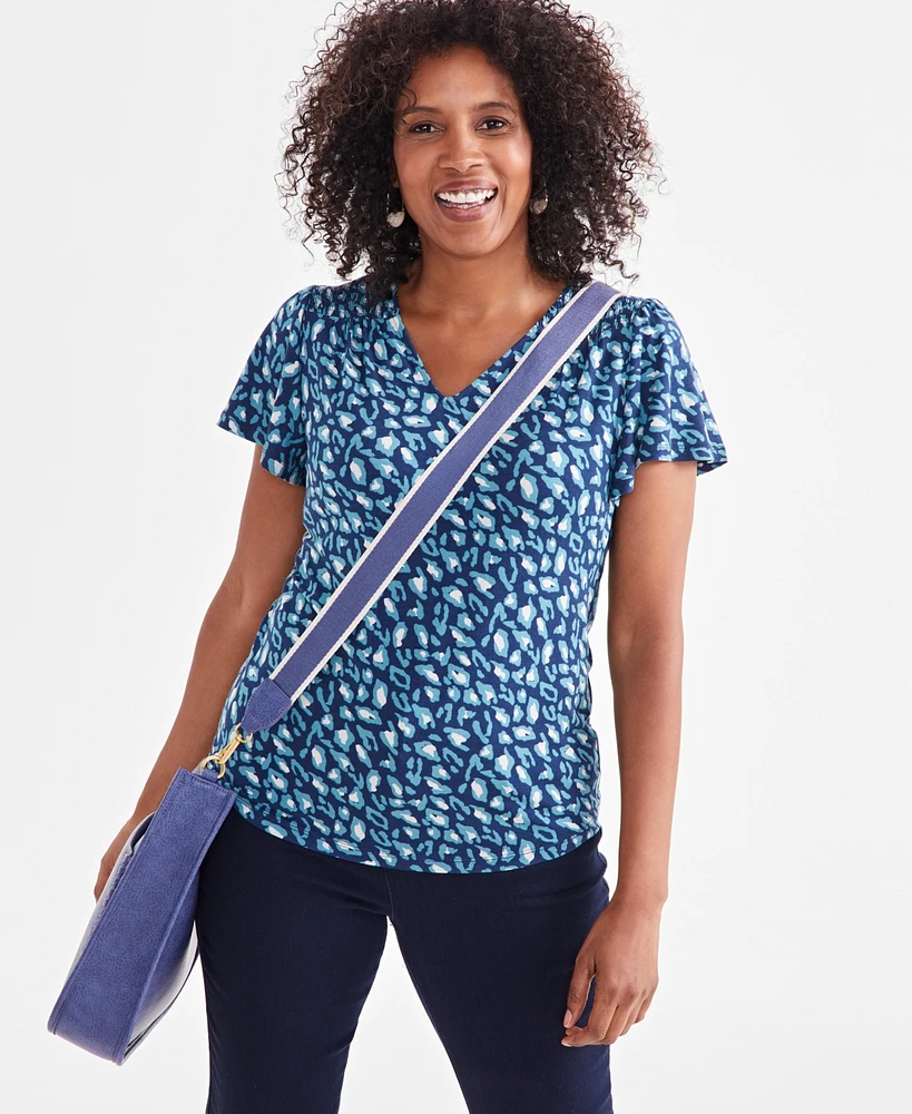 Style & Co Petite Animal Wind Printed V-Neck Flutter-Sleeve Top, Created for Macy's