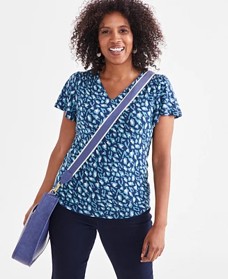 Style & Co Women's Printed Smocked-Shoulder V-Neck Top, Created for Macy's