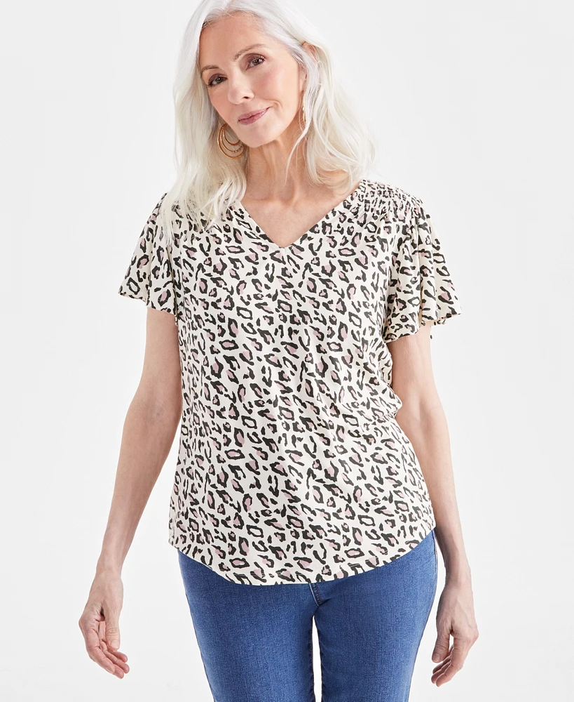 Style & Co Women's Printed Smocked-Shoulder V-Neck Top, Created for Macy's