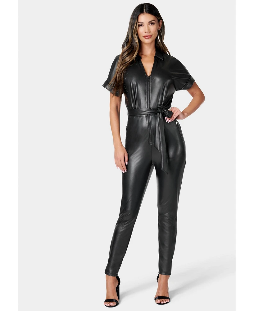 Bebe Women's Faux Leather Moto Jumpsuit