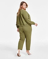 Anne Klein Plus Size Twill Collarless Snap Front Bomber Jacket Sequined Mesh Short Sleeve Top High Rise Fly Front Ankle Pants