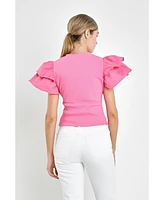 English Factory Women's Mixed Media Ruffled Top