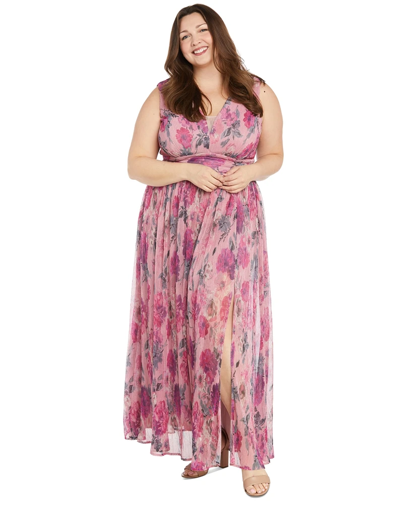 R & M Richards Plus Size Metallic Crinkle-Pleat Floral Dress