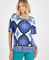 Jm Collection Women's Printed Square Neck Short Sleeve Top, Created for Macy's