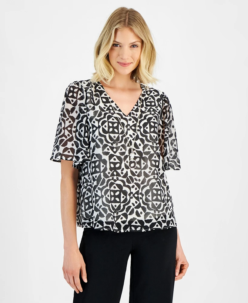 Jm Collection Women's Printed V-Neck Necklace Top, Created for Macy's