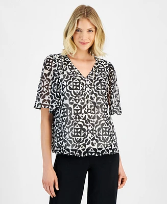 Jm Collection Women's Printed V-Neck Necklace Top, Created for Macy's