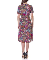24seven Comfort Apparel Print Short Sleeve Tie Waist Midi Dress