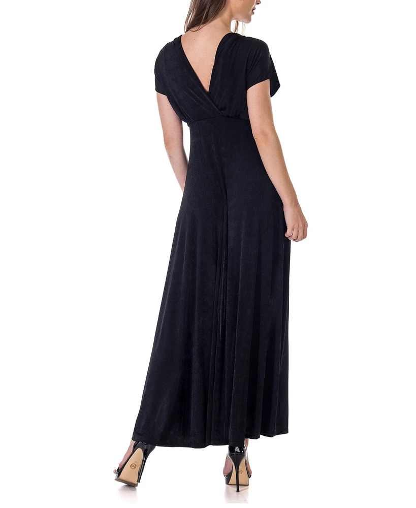 24seven Comfort Apparel Flutter Sleeve Metallic Knit Maxi Dress