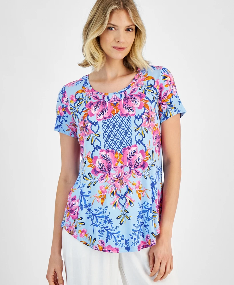 Jm Collection Women's Printed Scoop-Neck Short-Sleeve Top, Created for Macy's