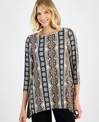 Jm Collection Women's 3/4 Sleeve Printed Jacquard Swing Top, Created for Macy's