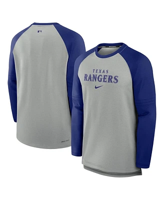 Nike Men's Heather Gray/Royal Texas Rangers Authentic Collection Game Time Raglan Performance Long Sleeve T-Shirt