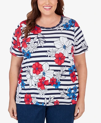 Alfred Dunner Plus Floral Stripe Braided Neck Tee