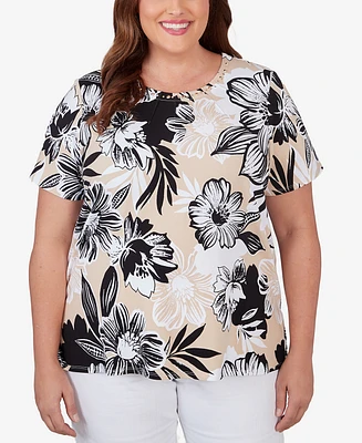 Alfred Dunner Plus Size Pleated Neck Bold Floral Short Sleeve Tee