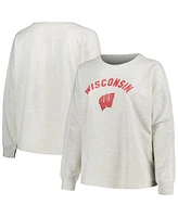 Profile Women's Oatmeal Wisconsin Badgers Plus Size Distressed Arch Over Logo Neutral Boxy Pullover Sweatshirt