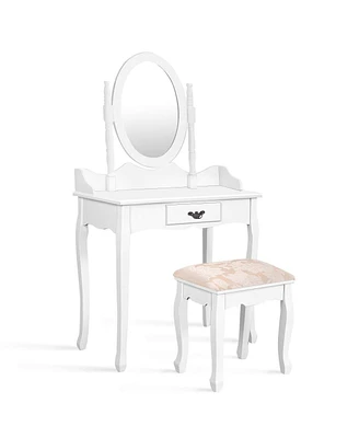 Slickblue Wooden Vanity Makeup Set with Cushioned Stool and Oval Rotating Mirror
