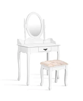 Slickblue Wooden Vanity Makeup Set with Cushioned Stool and Oval Rotating Mirror