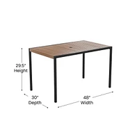 Outdoor Powder Coated Steel Dining Table With Faux Teak Poly Slat Top, 9' Patio Umbrella And Base