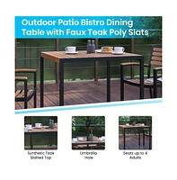 Square Faux Teak Outdoor Dining Table With Powder Coated Steel Frame, 9' Adjustable Umbrella And Base