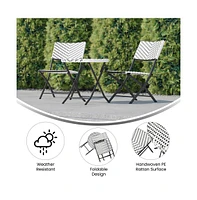 Emma+Oliver Ciel Three Piece Folding Bistro Set Pe Rattan With Metal Frames For Indoor And Outdoor Use