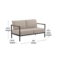 Eastport Outdoor Loveseat With Removable Plush Fabric Cushions And Teak Accented Aluminum Frame