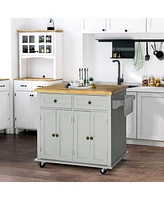 Homcom Rolling Kitchen Island Cart with Rubber Wood Top, Spices, and Towel Rack