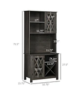 Homcom 72" Kitchen Pantry, Buffet with Hutch, Cupboard for Microwave, 2 Door Cabinets, Wine Glasses Rack and 12-Bottle Wine Rack, Dark Grey