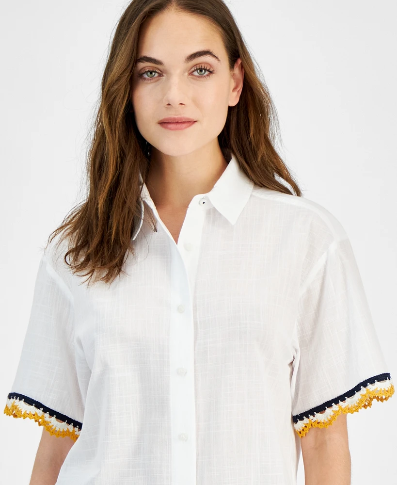 Nautica Jeans Women's Short-Sleeve Crochet-Trim Cotton Shirt