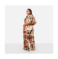 Rebdolls Women's Plus Size Naima Satin Abstract Print Knotted Front Crop Top