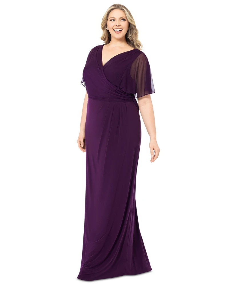 Betsy & Adam Plus Draped-Back Flutter-Sleeve Gown