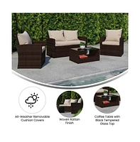 Atlas 4 Piece Patio Set Contemporary Loveseat, 2 Chair And Coffee Table With Back Pillows Seat Cushions